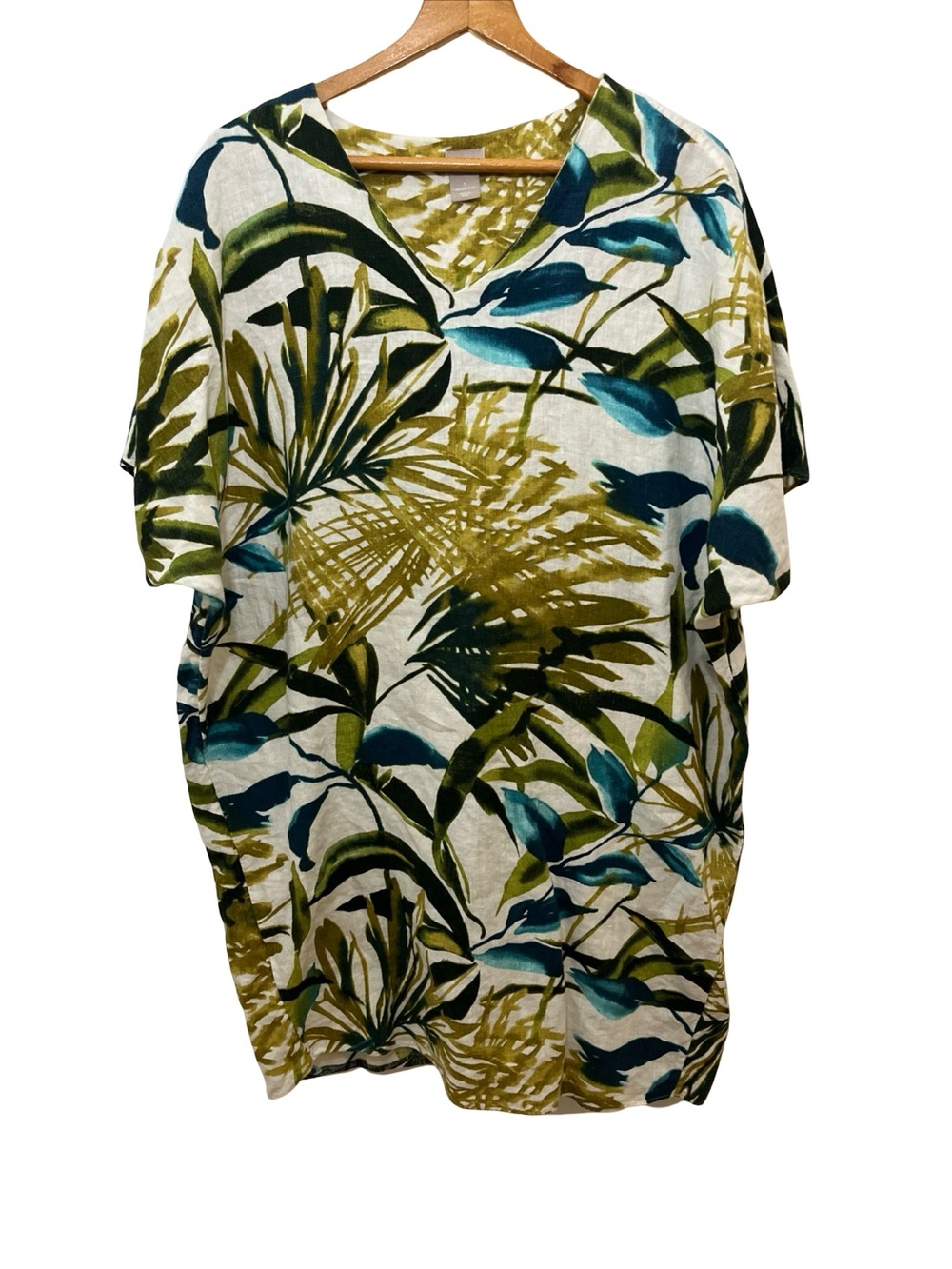 Chicos Linen Palm Print Tunic Wedge Short Dress 3 Green